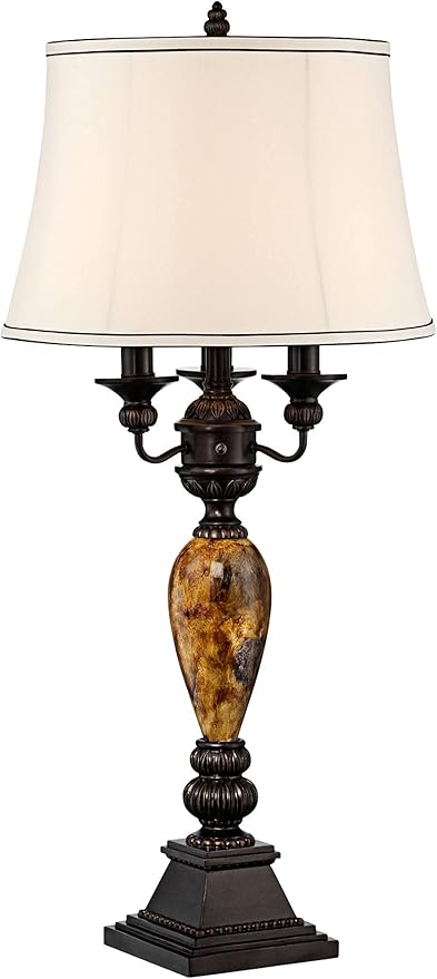 Kathy Ireland Mulholland Traditional Vintage Table Lamp with White USB Charging Dimmer Cord 37" Tall Bronze Golden Marbleized White Bell Shade for Living Room Bedroom House Bedside Nightstand - Bloomnest