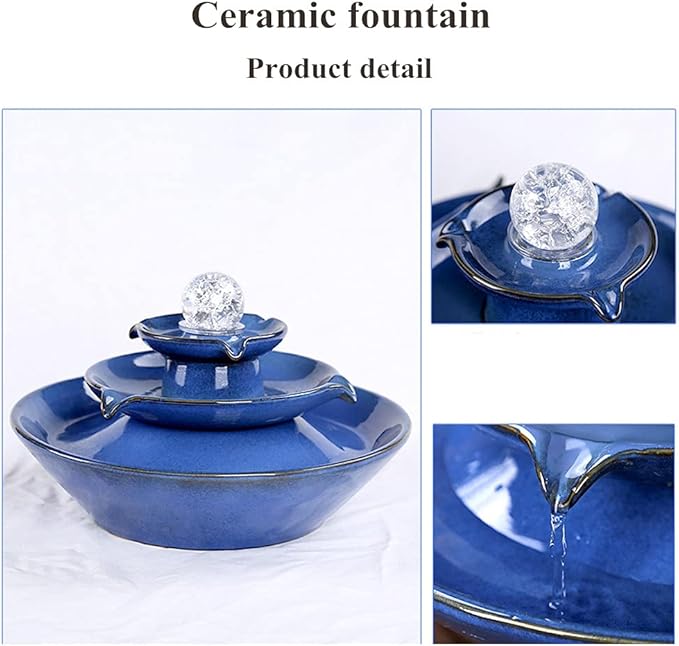 Ceramic Tabletop Fountain, Blue, Fountain with Ball for Indoor Decor, Size 11.8 x 11.8 x 7.8 inch, Material Ceramic, Includes Water Pump and 6 foot Long Power Cord - Bloomnest