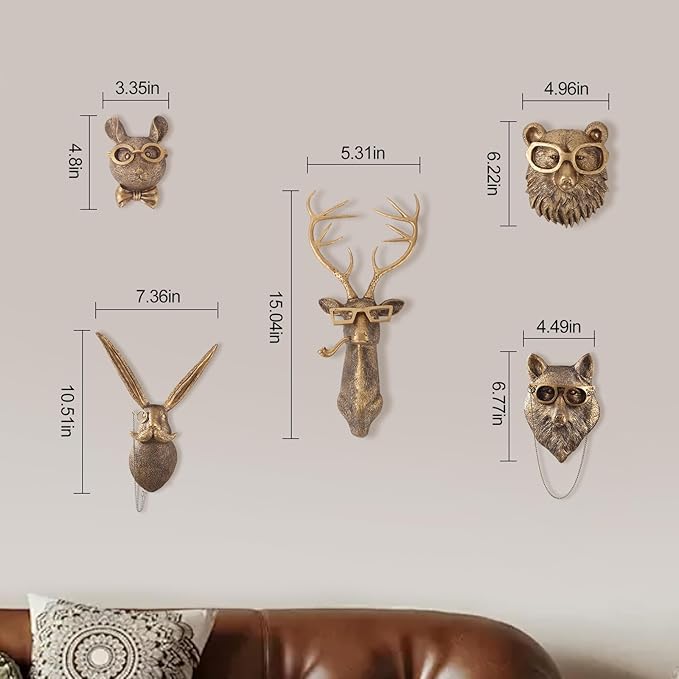 UITWMKTG 5 Pack Animal Head Wall Decor Gold Wall Sculpture Home Decor for Office Bedroom Modern Decor for Men Women - Bloomnest