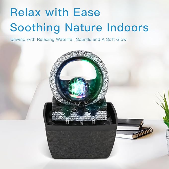 Tabletop Water Fountains, 3 Gears Desktop Fountain Indoor with Led Rolling Ball, Table Top Small Water Feature Interior Zen Relaxation Decor for Home Bedroom Living Room Office Apartment - Bloomnest