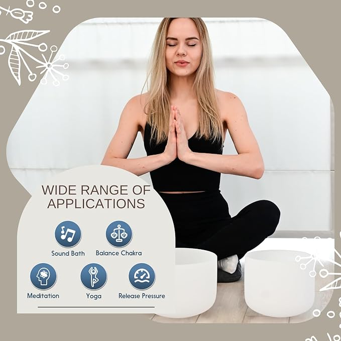 6-10 inch 432hz Quartz Crystal Singing Bowls Set of 3 Pure White, for Healing Mindfulness Meditation Yoga Sound Baths with Case and Mallet Suede Striker - Bloomnest