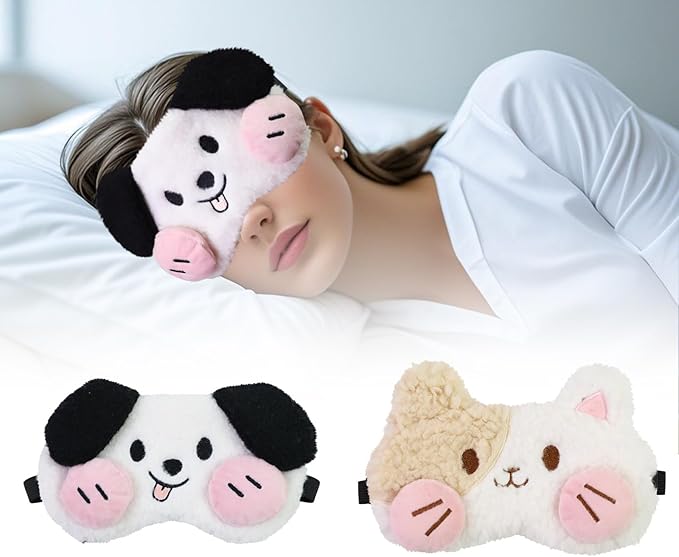 Cute Sleep Eye Masks for Kids, Kawaii Cartoon Kids Sleeping Mask for Women Boys Girls Teens, Soft Plush Adjustable Eyeshade Silk Travel Nap Eye Cover (White+Pink) - Bloomnest