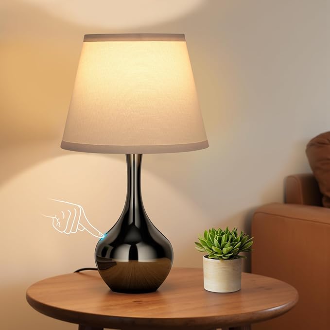Seealle Touch Table Lamp for Bedroom, 3-Way Dimmable Small Bedside Lamps for Night Stands with Wires, Pearl-Black Desk Lamp for Kids Room, Office, Living Room, End Table(LED Bulb Included) - Bloomnest