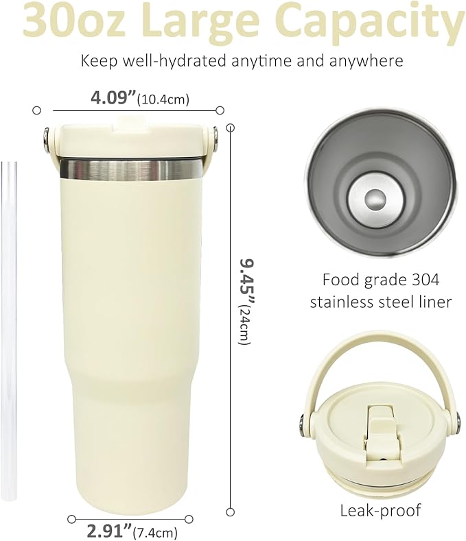 30 oz Tumbler with Top Handle, Double Wall Vacuum Insulated Tumbler with Flip Straw, Travel Coffee Mug 30oz Powder Coated Cup for Laser Engraving (Cream,1 pack)