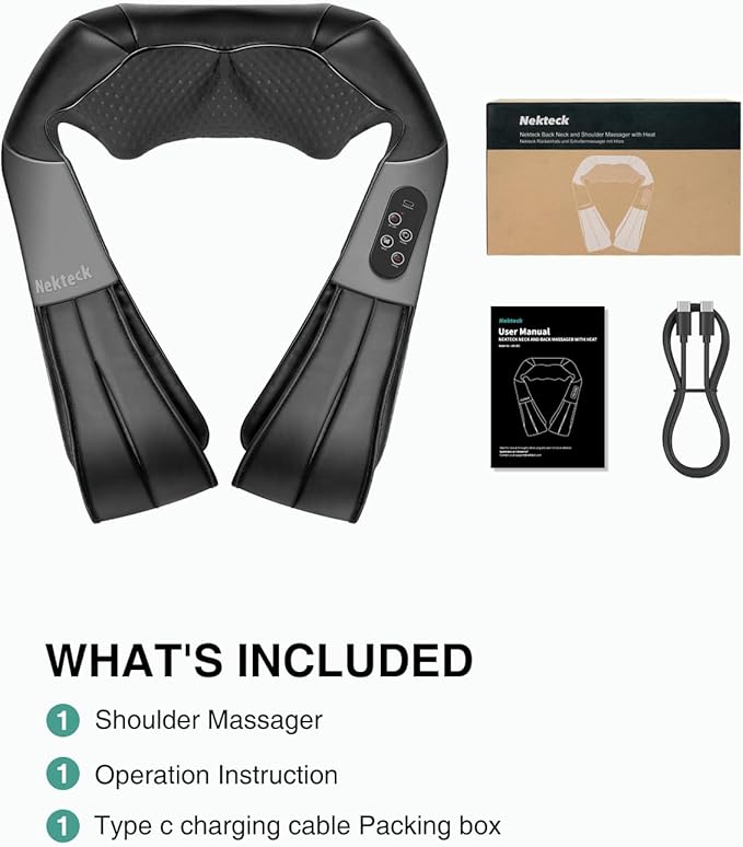 Nekteck Cordless Shiatsu Neck and Back Massager with Soothing Heat, Rechargeable Electric Deep Tissue 3D Kneading Massage Pillow for Shoulder Leg Body Muscle Pain Relief, 3 Speed Intensities