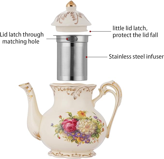 YOLIFE Vintage Teapot, Ivory Ceamic Tea Pot with Infuser, Floral Teapot with Gold Leaves Trim Design - 25oz /3 Cups - Bloomnest