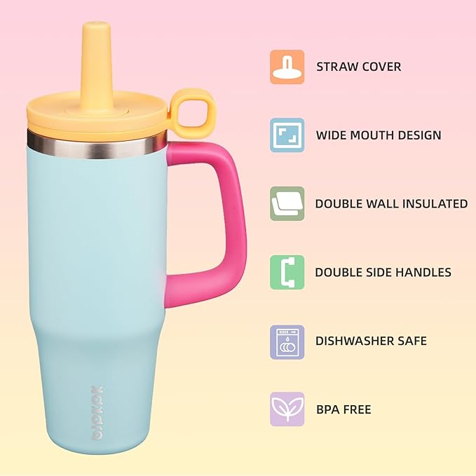 BJPKPK 32oz Stainless Steel Insulated Tumbler with Handle and Straw Travel Coffee Mug Thermal Cups with Lid,Sky Blue - Bloomnest