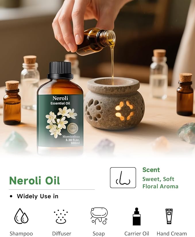 Mumianhua Neroli Essential Oil 100% Pure- Therapeutic Grade Orange Blossom Oil for Cleaning Sprays, Home Perfume & Women's Cologne | Citrus Floral for Diffuser, Candle & Soap Making 3.38 Fl Oz - Bloomnest