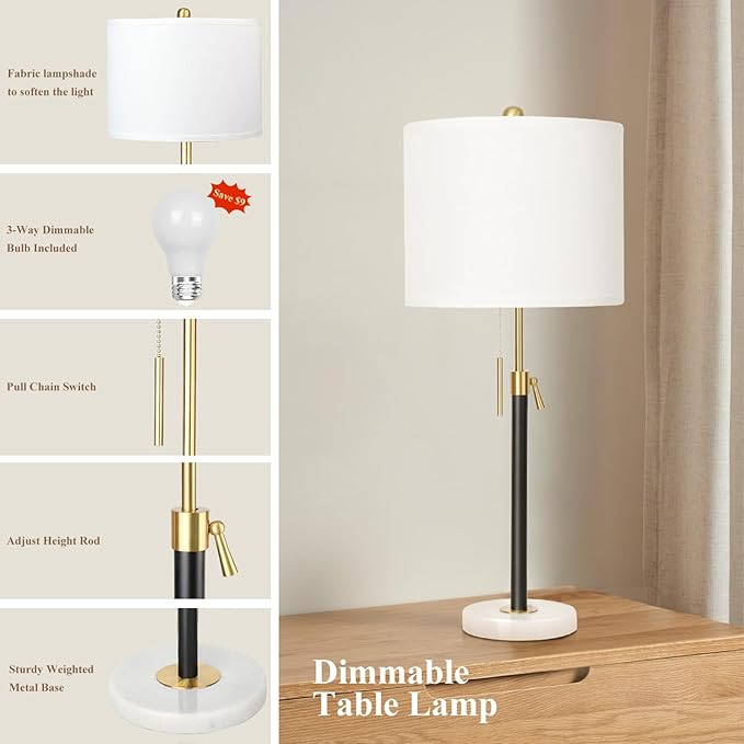 Black and Gold Table Lamps Set of 2: 22" to 30" Height Adjustable Nightstand Lamps with White Linen Shade | Pull Chain Switch | Marble Base - 3 Way Dimmable Beside Lamp for Bedrooms Living Room - Bloomnest
