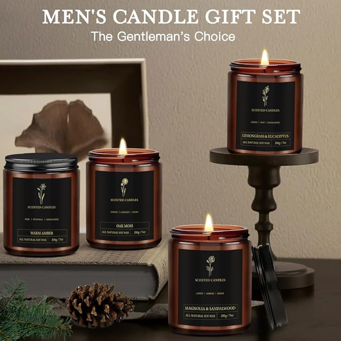 Scented Candles for Men - 4 Pack Candles for Home Scented, 28oz Soy Wax, 300 Hour Burn Time, Men Candle Set, Oak Moss/Magnolia & Sandalwood/Warm Amber/Lemongrass & Eucalyptus - Bloomnest