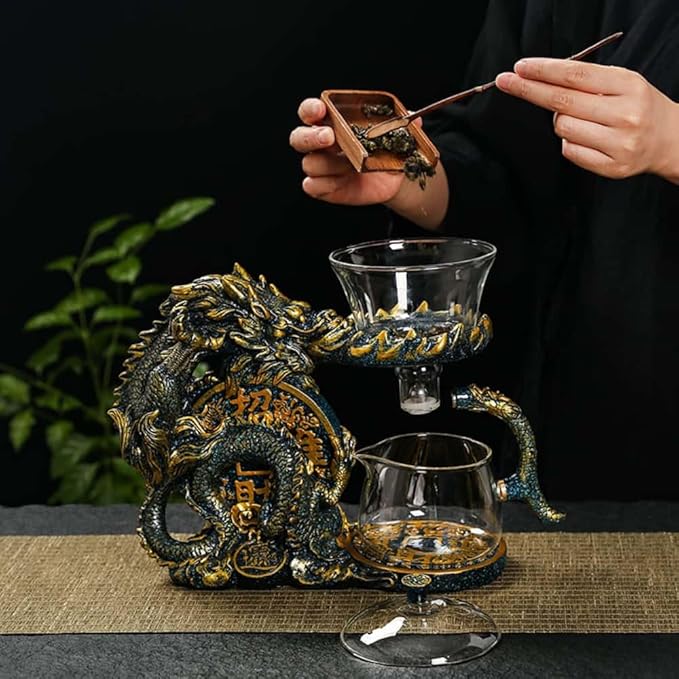 Glass Teapot Set with Infuser Semi Automatic Dragon Tea Set with 6 Small Cups (blue golden dragon-b) - Bloomnest
