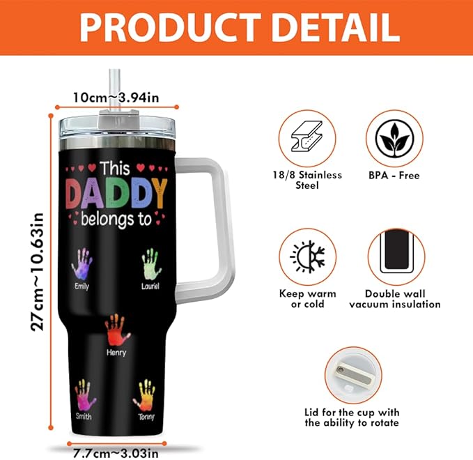 Personalized Dad Tumbler with Handle and Straw, Custom Handprint Design with Kids’ Names, Cute Father’s Day Gift from Children for Daddy or Papa - Bloomnest