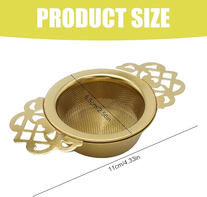 3Pcs Gold Empress Tea Strainers with Drip Bowls, Stainless Steel Mesh Tea Infuser, with Elegant Double Winged Handles for Better Experience