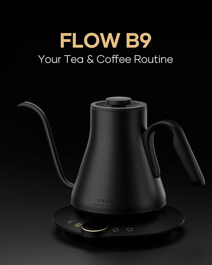 Cocinare FLOW B9 Gooseneck Electric Kettle, Precise Temperature Control for Pour-Over Coffee & Tea Brewing, Stainless Steel Interior, Rapid Heating for Boiling Water, 1500W/0.9L (Matte Black) - Bloomnest