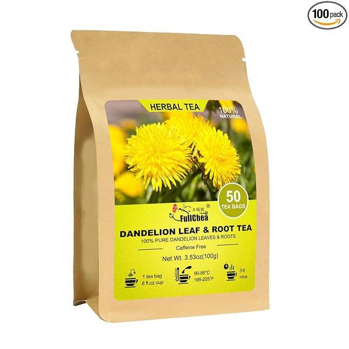 FullChea - Dandelion Leaf & Root Tea bags, 50 Teabags, 2g/bag - Natural Dandelion Herbal Tea for Liver & Kidney Health - Non-GMO - Caffeine-free - Support Digestion & Boost Immune System - Bloomnest