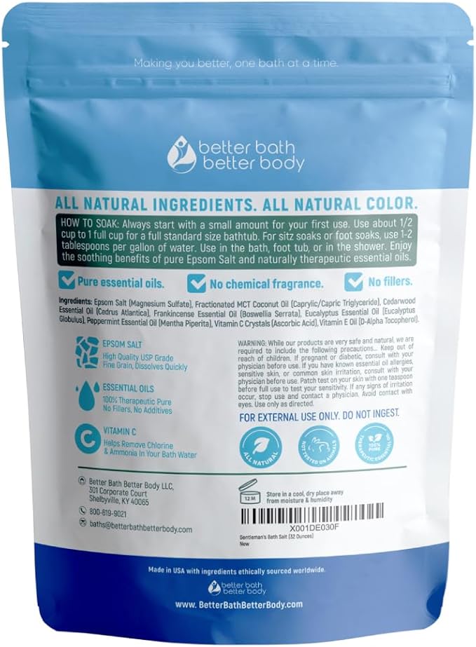Gentleman's Bath Salt 32 Ounces Epsom Salt with Natural Cedarwood, Frankincense, Eucalyptus and Peppermint Essential Oils Plus Vitamin C in BPA Free Pouch with Easy Press-Lock Seal - Bloomnest