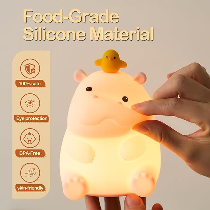 ATSUI Hippo Night Light, LED Squishy Novelty Animal Lamp, Food Grade Silicone, 2 Level Dimmable, Nursery Nightlight for Desk Decor, Funny Gifts Stuff for Boys Girls Baby, White Elephant Gifts - Bloomnest