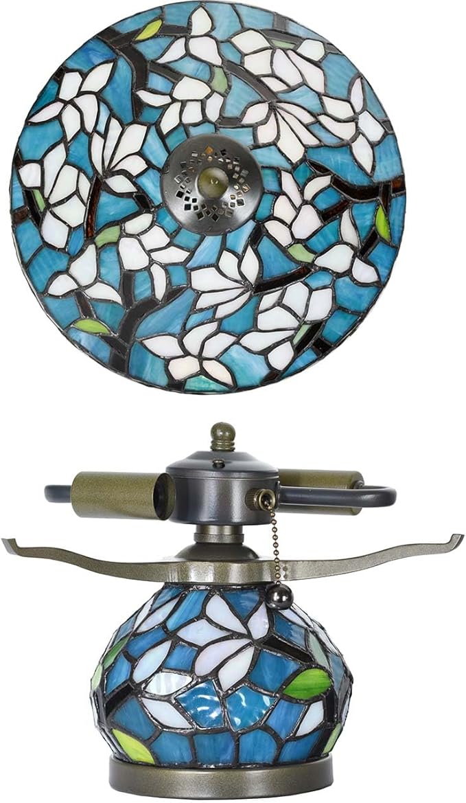 Bieye L10905 Tiffany Style Stained Glass Mushroom-Shaped Double Lit Table Lamp for Home Decor (10-inch, White Magnolia)