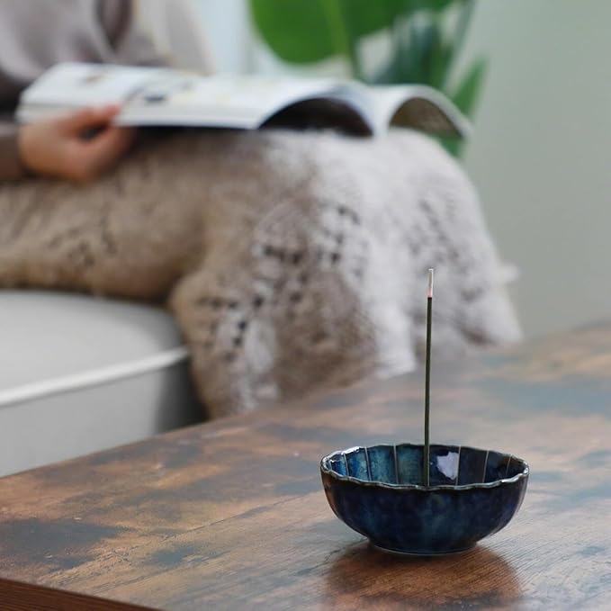Asayu Japan Lotus Incense Holder for Sticks 4.1 inch (105 mm), Traditional Made in Japan Ceramic Ash Catcher and Brass Incense Burner Set - Navy Dark Blue Lotus - Bloomnest