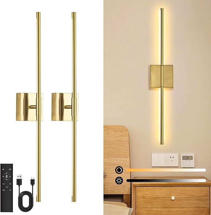 2 Pack Wall Sconces Battery Operated, Wall Sconces 3000K-6000K Dimmable Rechargeable Wall Sconce with Remote Control, 350°Rotate LED Wireless Wall Lights for Living Room, Hallway, Bedroom(Gold) - Bloomnest