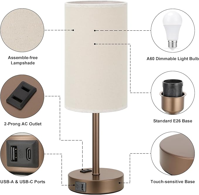 Fenmzee Touch Table Lamp - Beige, 3-Way Dimmable, USB A + C Charging, AC Outlet, 17.4inch Medium, Brown Metal Base - Bloomnest