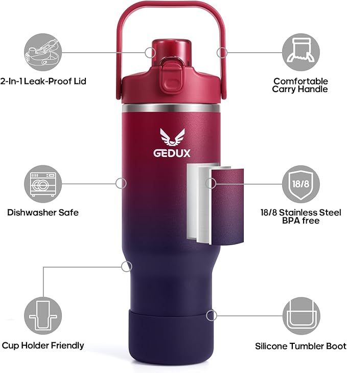 32 oz Gradient Blue Stainless Steel Tumbler with Handle and Straw, Vacuum Insulated Water Bottle with Leak-Proof 2-in-1 Lid and Silicone Boot, Keeps Drinks Hot and Cold (reddish black, 40oz) - Bloomnest
