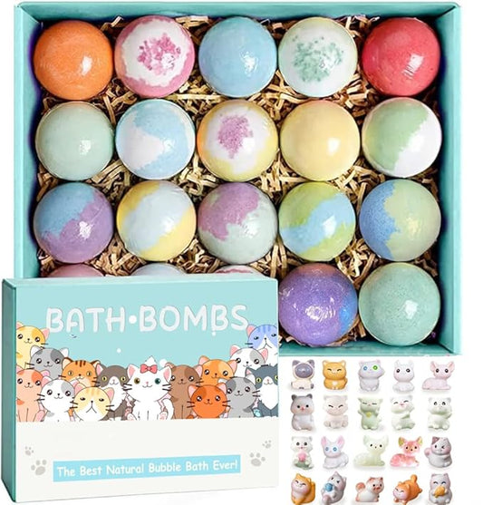 Kids Bath Bombs with Surprise Inside, 20 Pack Bring Dog and cat Toys Gift Set, Natural Organic Bubble Bath Foam Bath - Bloomnest