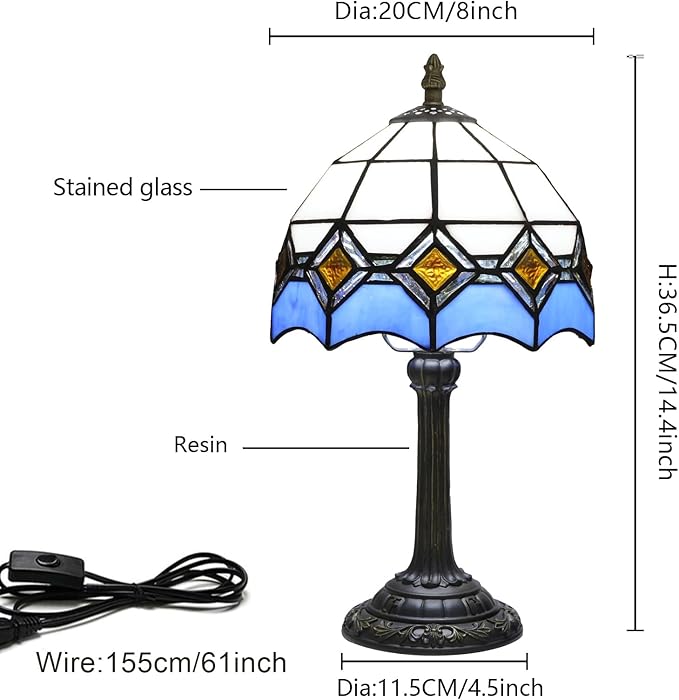 Blue and White Lamp Small Tiffany Lamps Bedside for Bedroom Dector Light Stained Glass Table Lamp Living Room Night Lamp Farmhouse Cute 8 Inch Aesthetic Mediterranean Mosaic Nightstand Desk Lamps E26 - Bloomnest
