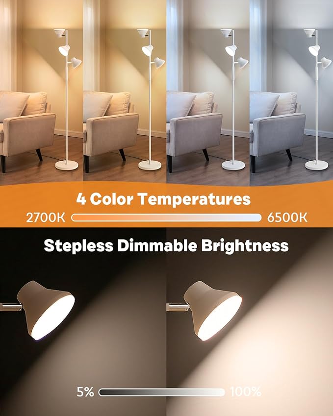 White Floor Lamp, 36W Modern Dimmable Standing Lamp 2700-6500K, 3 Rotatable LED Lights Reading Tall Lamp, Touch & Remote Control Floor Lamps for Living Room Bedroom Office - Bloomnest