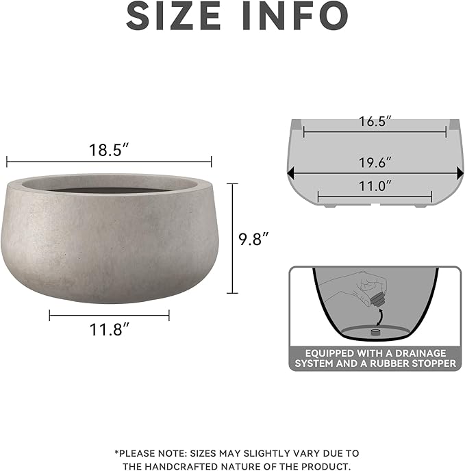 Kante 19.6" Dia Round Concrete Planter, Cement Plant Pots with Drainage Hole and Rubber Plug for Outdoor Indoor Garden Home, Modern Curvaceous Design, Weathered Concrete - Bloomnest