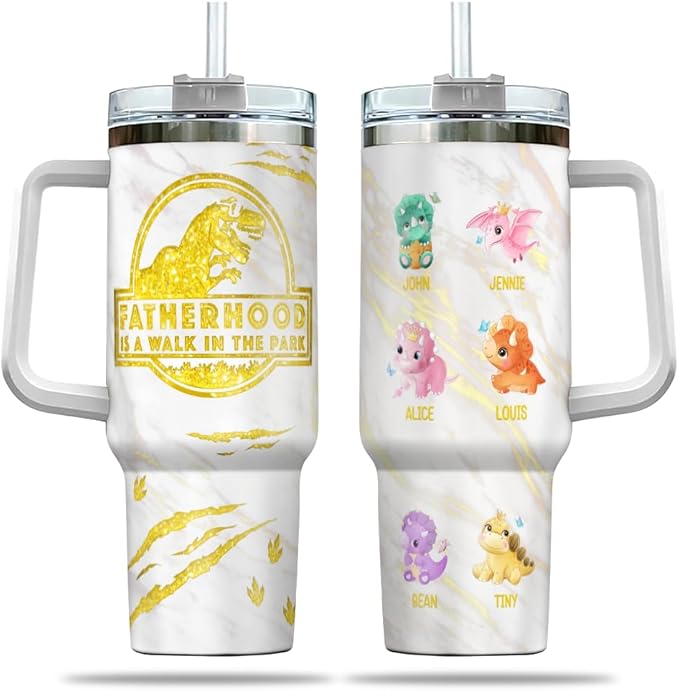 Personalized Dinosaur Dad Tumbler with Handle and Straw, Cute Custom Names and Baby Dino Design, Funny Father’s Day Gift for Dad or Papa from Kids - Bloomnest