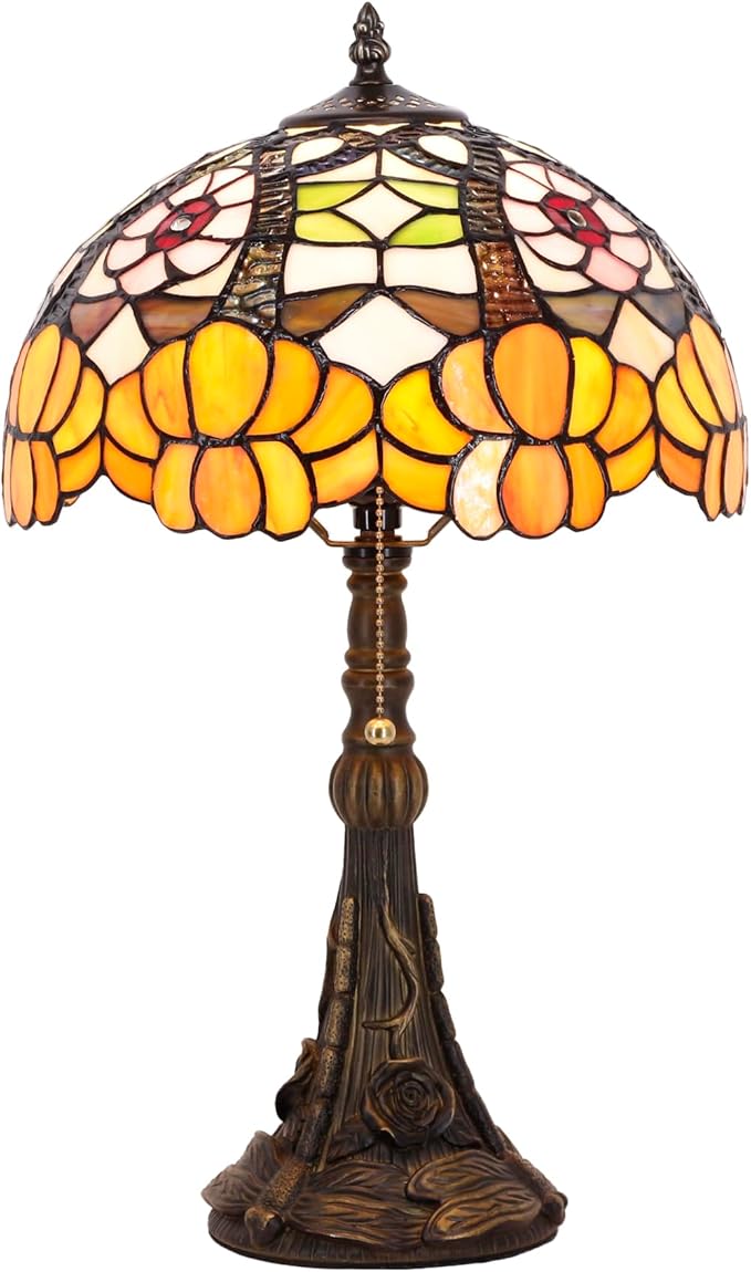 Tiffany Stained Glass Table Lamp 12X12X19 Inch Orange Flower Style Desk Bedroom Living Room Reading Light (Orange Flower) - Bloomnest