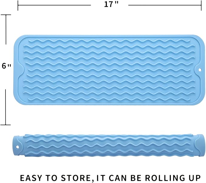 Silicone Dish Drying Mat for Multiple Usage,Easy clean,Eco-friendly,Heat-resistant Silicone Mat for Kitchen Counter,Sink,Bar,Bottle,or Cup Light Blue M 17 inches x 6 inches - Bloomnest