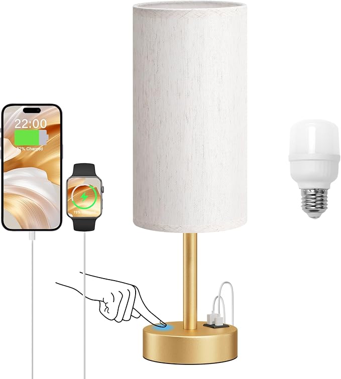 Dicoool Elegant Gold Touch Table Lamp, Modern Wedding Gift for Couples, Bedside Lamps with USB-C USB-A Charging Ports, 3 Way Dimmable Small Lamp for Office, Bathroom, Living Room，Christmas Gift - Bloomnest