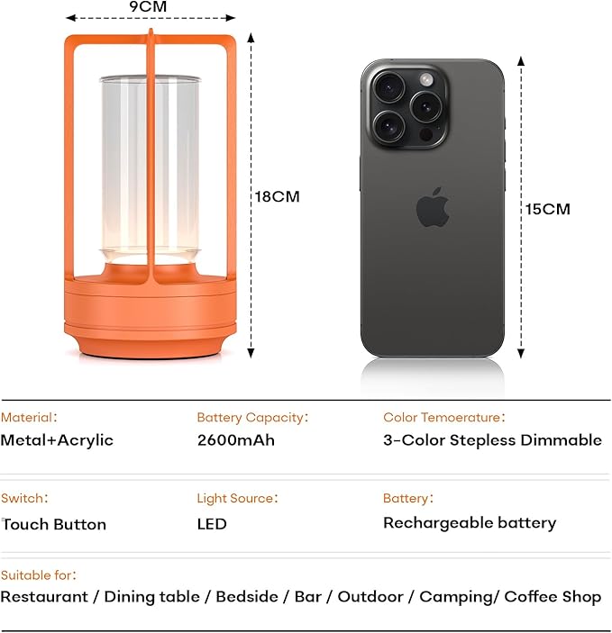Portable Metal Table Lamp for Indoor/Outdoor ,Rechargeable Cordless LED Lamp, 3-Colour Infinitely Dimming Battery Powered Small Desk Lamp, Restaurant/Bedroom/Bar/Coffee Shop/Camping Light (Orange) - Bloomnest