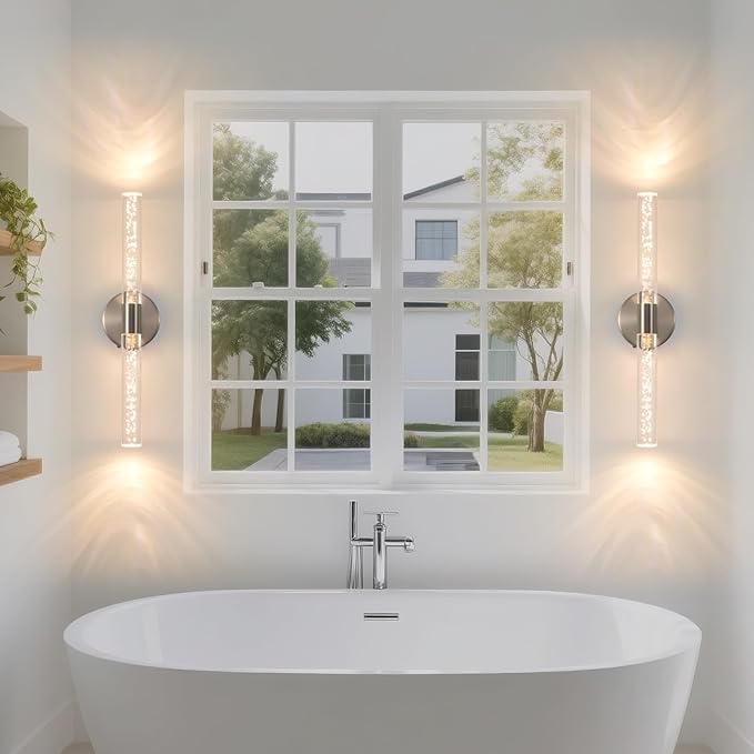 Modern LED Battery Operated Wall Sconces Set of Two, Dimmable Bathroom Crystal Wall Sconce, USB Rechargeable Brushed Nickel Vanity Wall Lamp, Bubble Wall Lights For Bedroom, Living Room. 20-Inch - Bloomnest