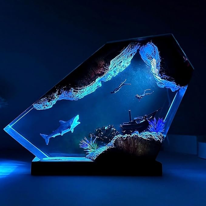 Shark Ocean Resin Lamp, Handmade Wooden Table Resin Night Light, USB Port Art Ornaments for Home Office Decor, Scuba Diver Gifts for Birthday Holiday, Valentine's Day Gifts for Husband - Bloomnest