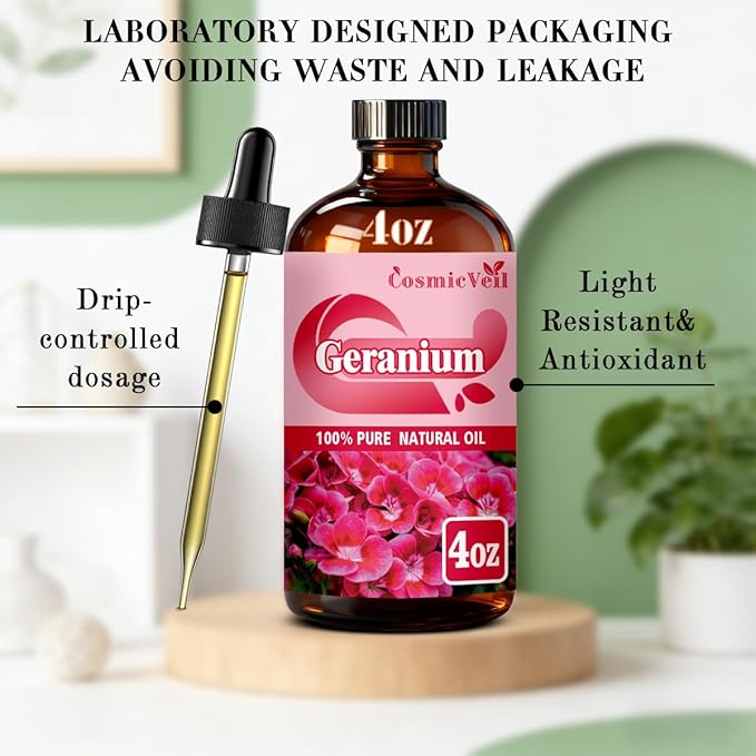 Geranium Essential Oil Fragrance Oil for Aroma Diffuser,Humidifier,Home Fragrance,Cleaning,Body Care,Massage,Yoga,DIY Candle,DIY Soap CosmicVeil（Geranium，4 Fl Oz (Pack of 1)） Cosmicveilessentialoil