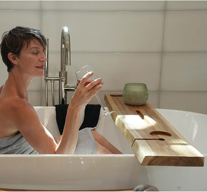 EcoDecors Eleganto 50" Live Edge Solid Teak Bath Caddy Tray with Handle, Book & Tablet Holder, Wine Glass Holders, Luxury Bathtub Tray - Bloomnest