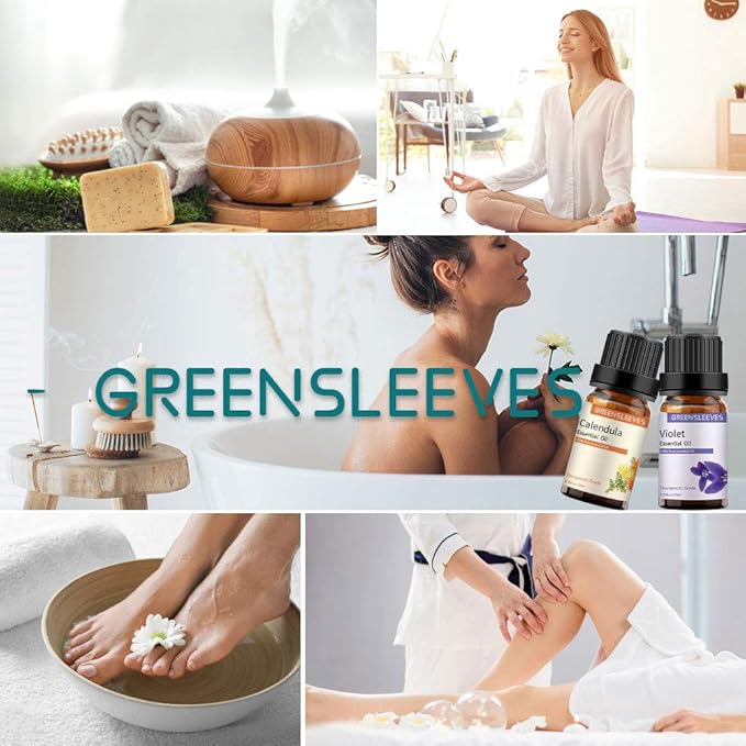GREENSLEEVES Violet Calendula Essential Oil Set, 2 x 10ml Pure Plant-Based Fragrance Oil for Aromatherapy, Essential Oils for Diffuser, Massage, Bath Bomb, Scented Candle Soap Making GREENSLEEVES