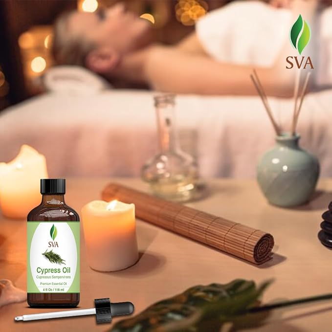 SVA Cypress Essential Oil – 4 Fl Oz – 100% Natural Cypress Oil - for Diffuser, Hair Care, Face, Skin Care, Aromatherapy, Scalp and Body Massage, Soap and Candle Making – with Dropper - Bloomnest