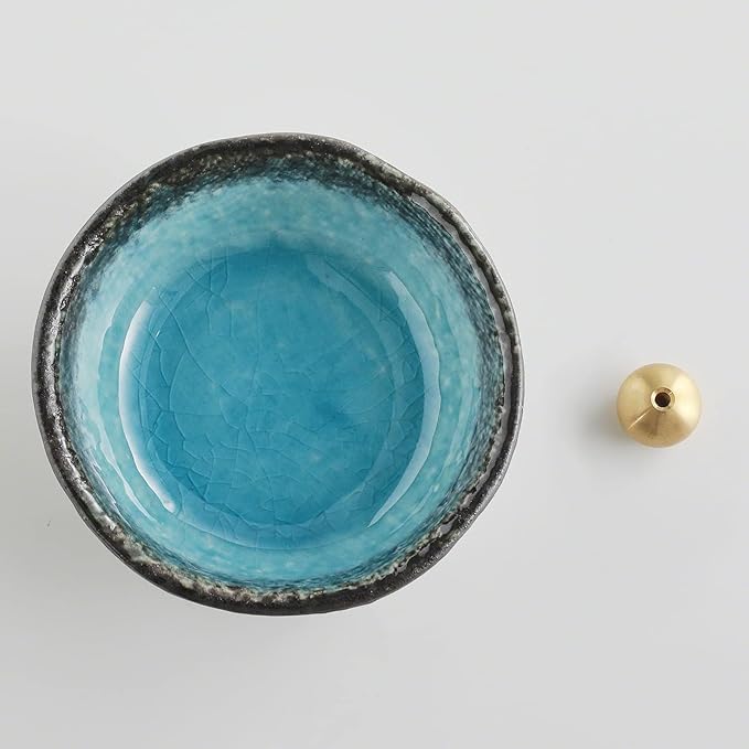 Asayu Japanese Small Mini Incense Holder for Sticks 3.3 inch (83mm), Made in Japan Ceramic Ash Catcher and Brass Incense Burner Set for Yoga, Meditation (Small Mini Nature Ocean Blue Holder) - Bloomnest