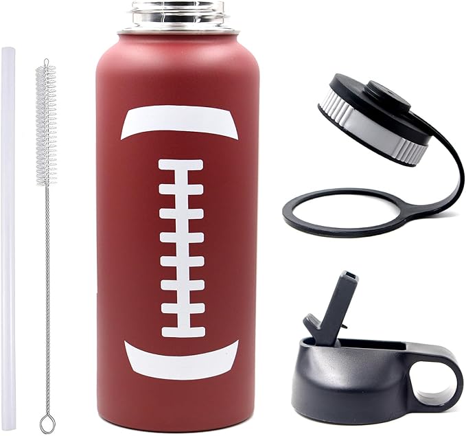 40 oz Football Water Bottle with Straw, Wide Mouth Sports Flask Metal Travel Tumbler with 2 Lids, Stainless Steel Double Wall Vacuum Insulated Thermo Water Jug, Football Gear Gifts for Boys Girls - Bloomnest