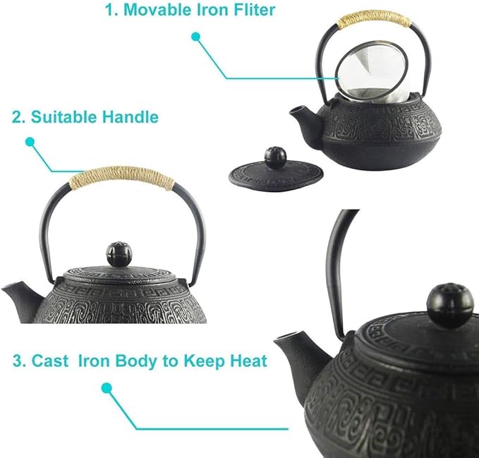 Japanese Tetsubin Cast Iron Kettle, Cast Iron Teapot with Stainless Steel Infuser for Loose Leaf Tea, Ancient pattern 600ml/20oz