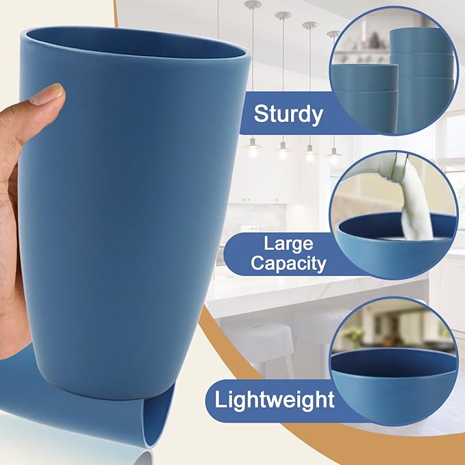 Wheat Straw Cups Large Drinking Cups Set of 6-20 OZ Large Capacity Plastic Tumblers Unbreakable Glasses Drinking Microwave and Dishwasher Safe Kitchen Water Glasses - Blue - Bloomnest