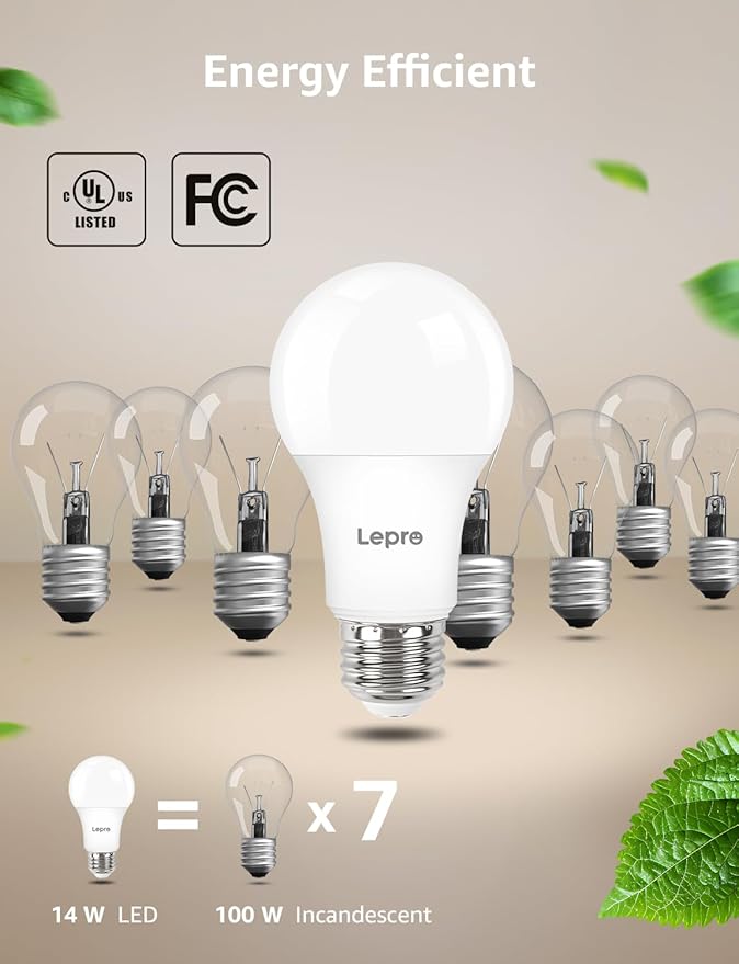 Lepro Dimmable LED Light Bulbs 100 Watt Equivalent, 14W 1500LM Daylight White 5000K, A19 E26 Standard Medium Base, UL FCC Listed, 15000 Hour Lifetime, 6 Pcs - Bloomnest