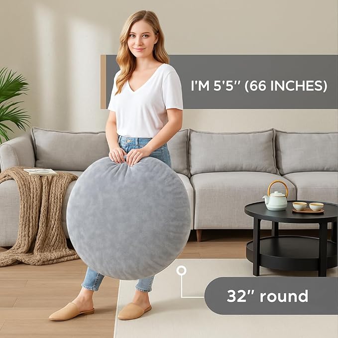 Codi Large Meditation Cushions – Round Floor Pillows for Adults with Removable Washable Cover, Soft and Supportive Floor Cushion for Yoga, Seating and Dog Bed, 32 inch - Grey - Bloomnest