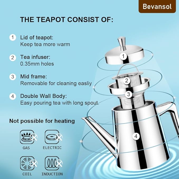 304 Stainless Steel Double-walled Teapot Long Strain Large Capacity Teapot with Infuser and Removable Filter for Home Restaurant Office Dinnerware Accessories Drinkware Item - Bloomnest