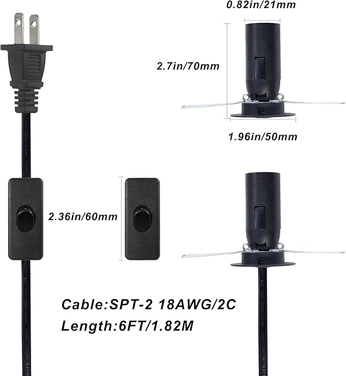 5FT Salt Lamp Cord ON/Off Switch with E12 Light Bulb Socket, 18AWG Himalayan 2 Prong Replacement Cord for Salt Rock Lamp/Christmas Village House (2-Pack)