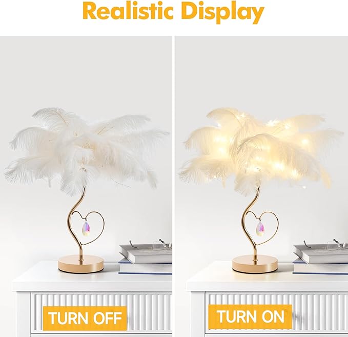 White Ostrich Feather Lamp Princess Fluffy Bedside Lamp Romantic Feather Table Lamp Nightstand Light for Girl Bedroom Wedding Decor Valentine Dating Living Room Hotel Office - Bloomnest